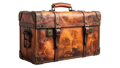 A weathered, vintage suitcase with leather exterior, buckles, and metal accents, isolated on black