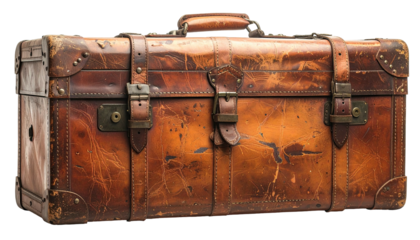 A weathered, vintage suitcase with leather straps, buckles, and a top handle. It shows signs of wear