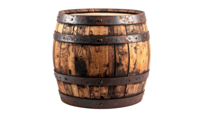 A weathered wooden barrel, iron bands, showcasing aged texture and rustic charm against a black backdrop