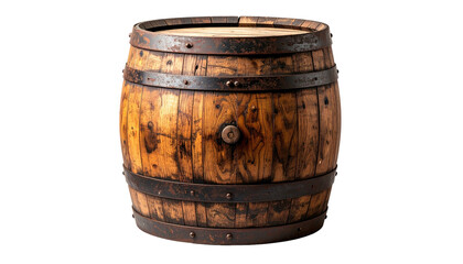 Obraz premium A weathered wooden barrel with dark metal hoops and a stained, natural wood finish