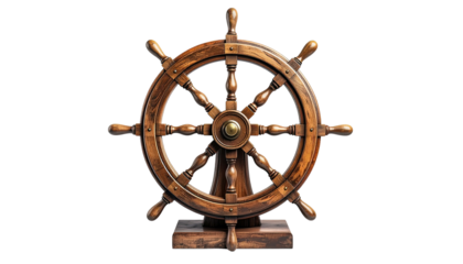 A weathered wooden ship's wheel, intricately detailed against a stark black background