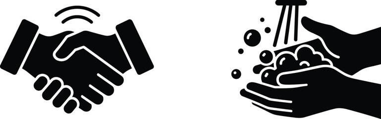 Obraz premium Black silhouette icons of a professional handshake and hands washing with soap bubbles for hygiene and business concepts.