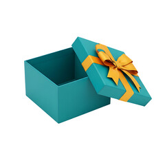 Open teal gift box with orange bow