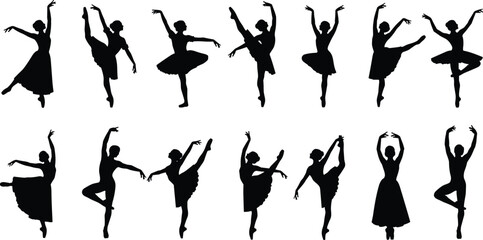 Black silhouettes of ballerinas in various dance poses on white background ballet © Shamim creative 