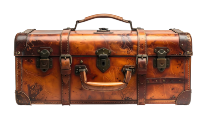 A well-worn, rectangular leather suitcase with aged hardware and a sturdy handle, isolated