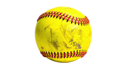 A well-worn, vibrant yellow softball, with visible stitching and slight discoloration