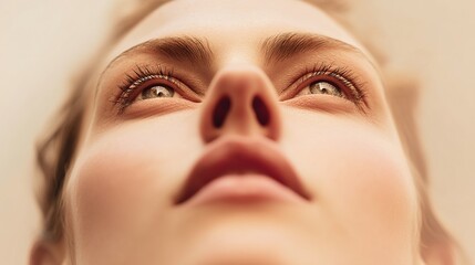 Ethereal woman with fair skin looking up, open eyes and closed mouth, in minimalist beige aesthetic studio shot with blurred background and soft natural lighting.