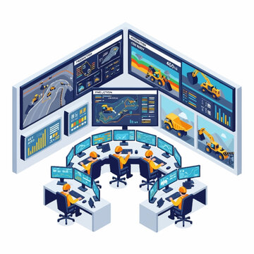 Isometric illustration of a modern control room with operators monitoring industrial operations.