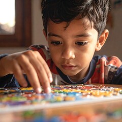Concentrated boy works on a colorful jigsaw puzzle, near a window, indoors