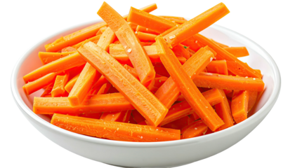 A white bowl filled with freshly cut, bright orange vegetable sticks, possibly carrots