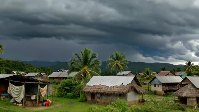 Rural thatched houses and dark cloud landscape