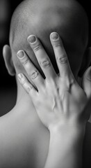 Intimate Connection Between Hand and Head in Monochrome Portrait of Bald Figure