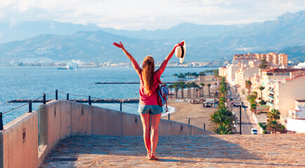 happy woman tourist exploring Spain, Andalousia, torrenueva on costa tropical