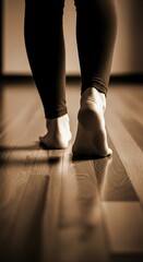 Barefoot Approach on Wooden Floor in Soft Light with Focus on Legs and Soles