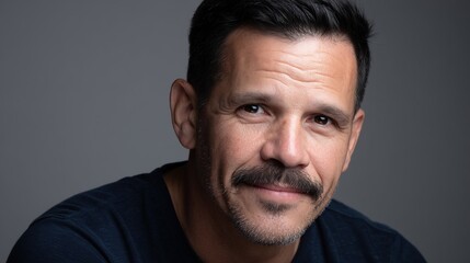 Handsome smiling 45-year-old male actor with black hair and mustache wearing dark blue t-shirt, facing camera against gray background with soft lighting.