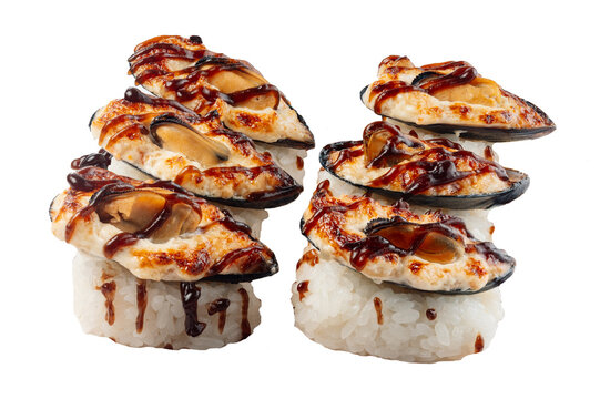 Baked mussels  with creame melted cheese and savory sauce, served on a compact rice base. . Isolated on white background.