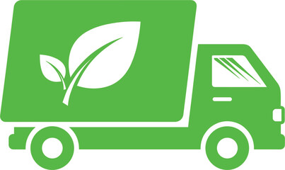 Eco friendly green delivery truck icon with leaf symbol representing sustainable logistics environmental transportation and carbon neutral shipping for corporate social responsibility.