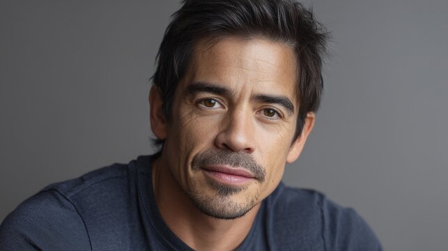 Handsome smiling 45-year-old male actor with black hair and mustache wearing dark blue t-shirt, facing camera against gray background with soft lighting.