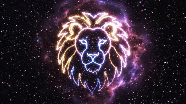 Cosmic lion outlined in colorful light, set against a backdrop of a star-filled night sky and faint nebulae