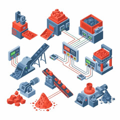 Obraz premium Isometric Mining and Ore Processing Plant with Conveyor Belts and Industrial Equipment.