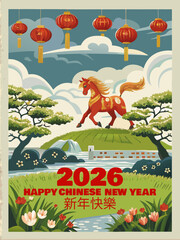 Chinese zodiac run red horse illustration for 2026 New Year holiday