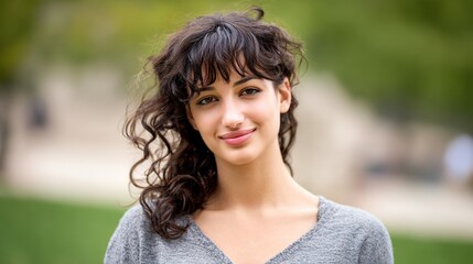 Soft-smiling curly-haired brunette woman with bangs wearing grey shirt, posing for close-up headshot with warm and approachable vibe.