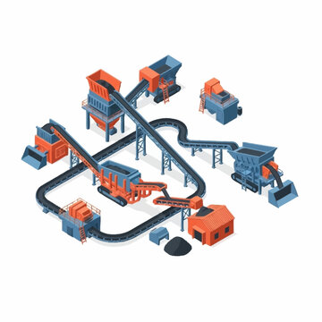 Isometric Mining and Processing Plant with Conveyor Belts and Heavy Machinery.
