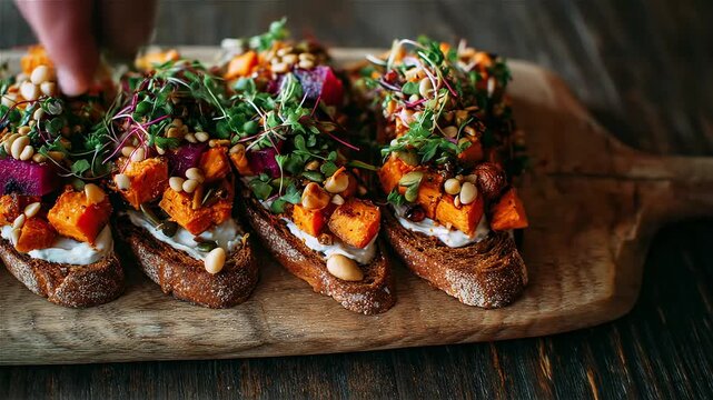 Delicious roasted vegetable crostini served on artisanal bread with fresh herbs and pine nuts