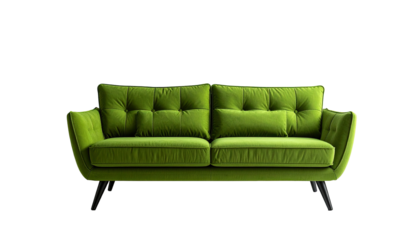 A vibrant, tufted green sofa with a matching pillow, set against a black backdrop