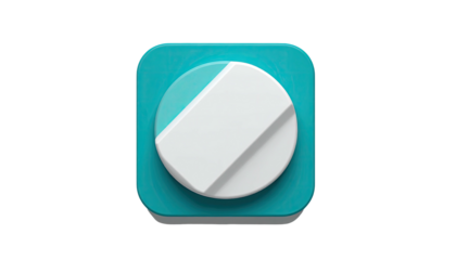 A vibrant turquoise, rounded square with a white pill-like shape. Black background