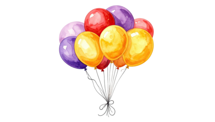 A vibrant watercolor painting of a bouquet of helium-filled balloons, in red, purple, and yellow