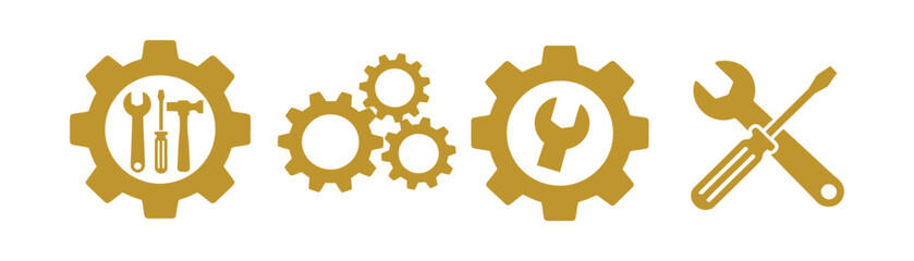 Crossed wrench and screwdriver with gear tools repair. Editable stroke vector illustration for web, app UI, user interface, tools, technology, engineering.