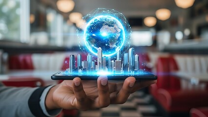 Hand Holding Smartphone with Globe and Cityscape