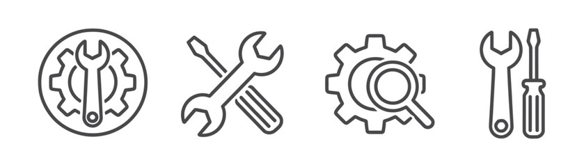 Crossed wrench and screwdriver with gear tools repair. Editable stroke vector illustration for web, app UI, user interface, tools, technology, engineering.