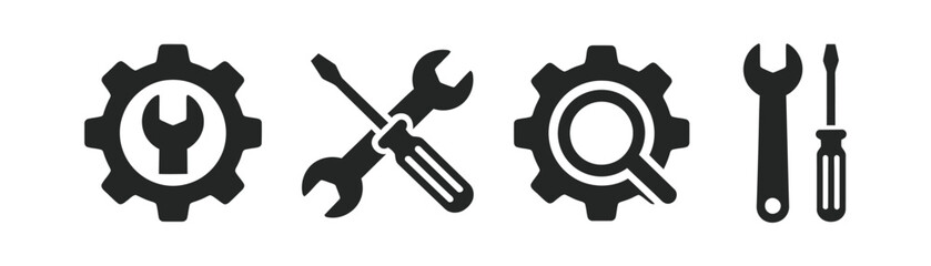 Crossed wrench and screwdriver with gear tools repair. Editable stroke vector illustration for web, app UI, user interface, tools, technology, engineering.