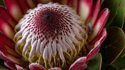 Close-up of an orange pincushion flower, highlighting its unique structure, with petals and stamens in sharp focus against a solid deep blue background.