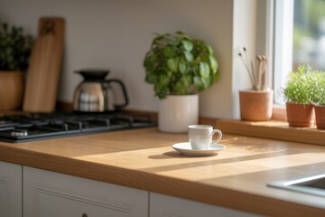 Minimalist kitchen countertop with a white espresso cup on saucer, wooden surface, soft morning light from window, potted plants, stove and kettle in background