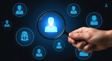 A hand holding a magnifying glass over a blue silhouette on a black background with multiple blue silhouettes