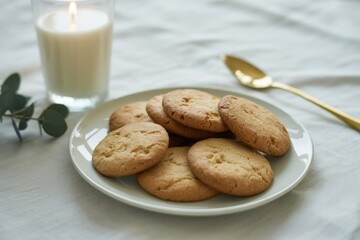 Round cookies arranged on a white ceramic plate on a white fabric surface, nearby glass candle and metal spoon, beige and brown tones, soft natural light, minimal scene 