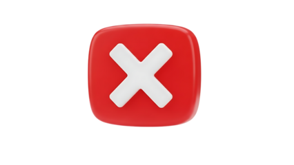 Red rounded square icon with white x isolated on transparent background