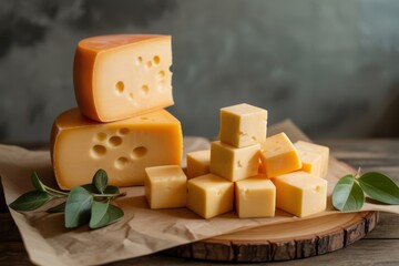 Cheese blocks and cubes arranged on a wooden board with parchment paper and green leaves, yellow cheese with holes on a dark gray background, soft natural light, minimal scene with copy space.