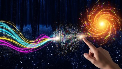 Hand Interacting with Digital Galaxy on Transparent Background