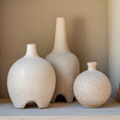 Three decorative ceramic vessels in neutral beige tones arranged on a shelf, rounded and elongated shapes with matte textured surfaces, minimal interior setting with soft natural light.