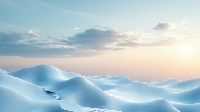 Surreal landscape featuring smooth white and blue dunes with winding stairs leading upwards, creating a dreamlike and aspirational path under a soft sunset sky