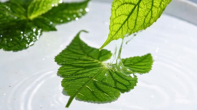 Fresh green leaf vein pattern biomimicry engineering nature texture detail with water droplet macro closeup background surface design concept inspiration organic sunlight shadow reflection botany eco