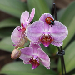 Obraz premium Pink phalaenopsis orchid with buds and ladybug on springtime bloom