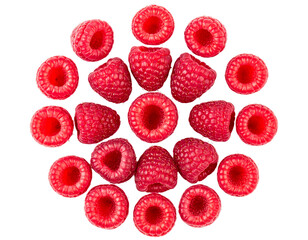 Set of Raspberry Halves Arranged in Circular Pattern, Top View, isolated on white background