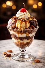 Decadent ice cream sundae brimming with caramel sauce whipped cream pecans and a bright cherry topping