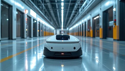 Autonomous Robot Navigating a Modern Industrial Corridor.