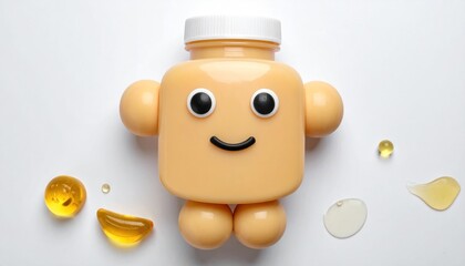 Cute Cartoon Pill Bottle Character with Droplets of Medicine.